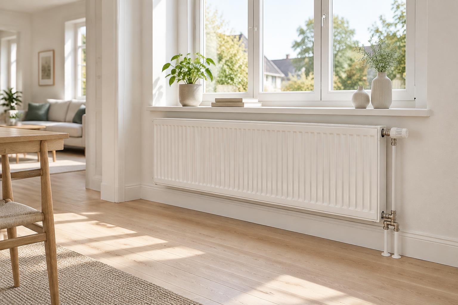 Vattenburen radiator med prydliga rör i ett ljust hem