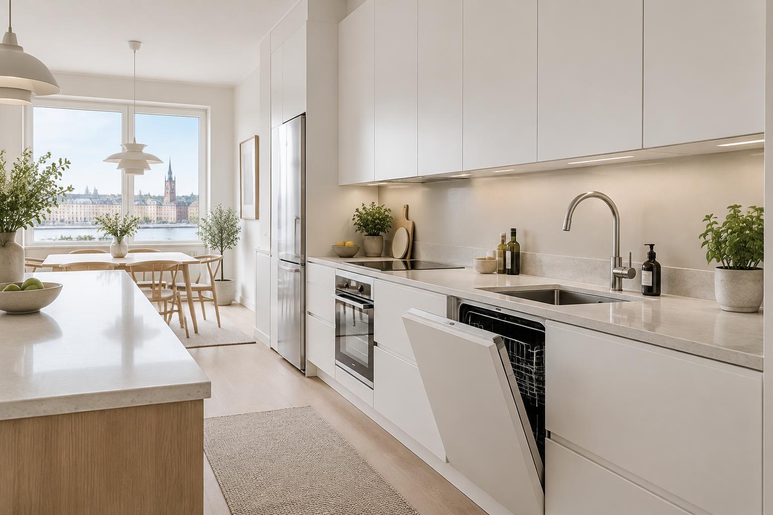 Ljust vitt kök med ny diskbänk, blandare och diskmaskin