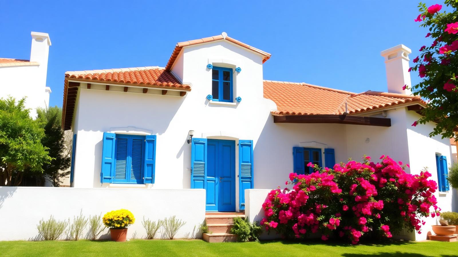 Vit andalusisk villa med blå fönsterluckor